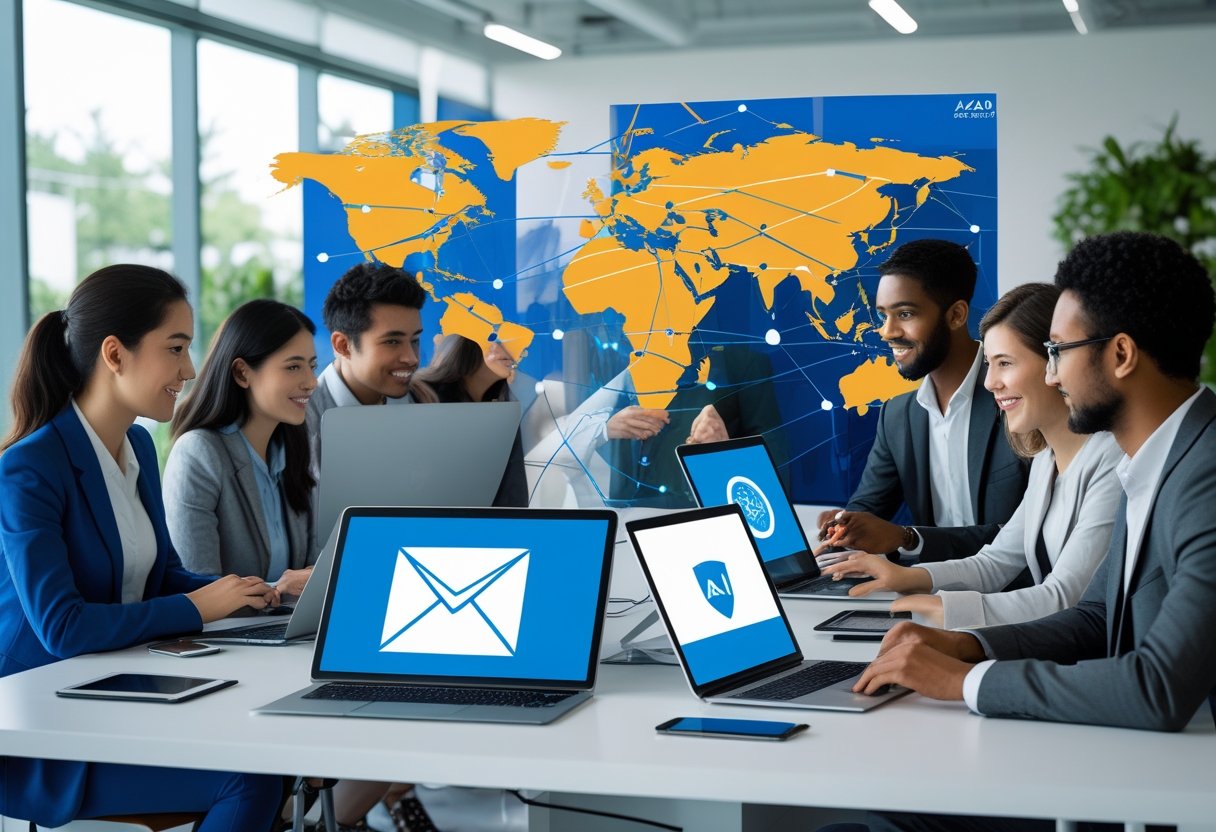 American National College International Email | A group of young professionals working together around a desk with digital devices showing global communication symbols in a bright office.