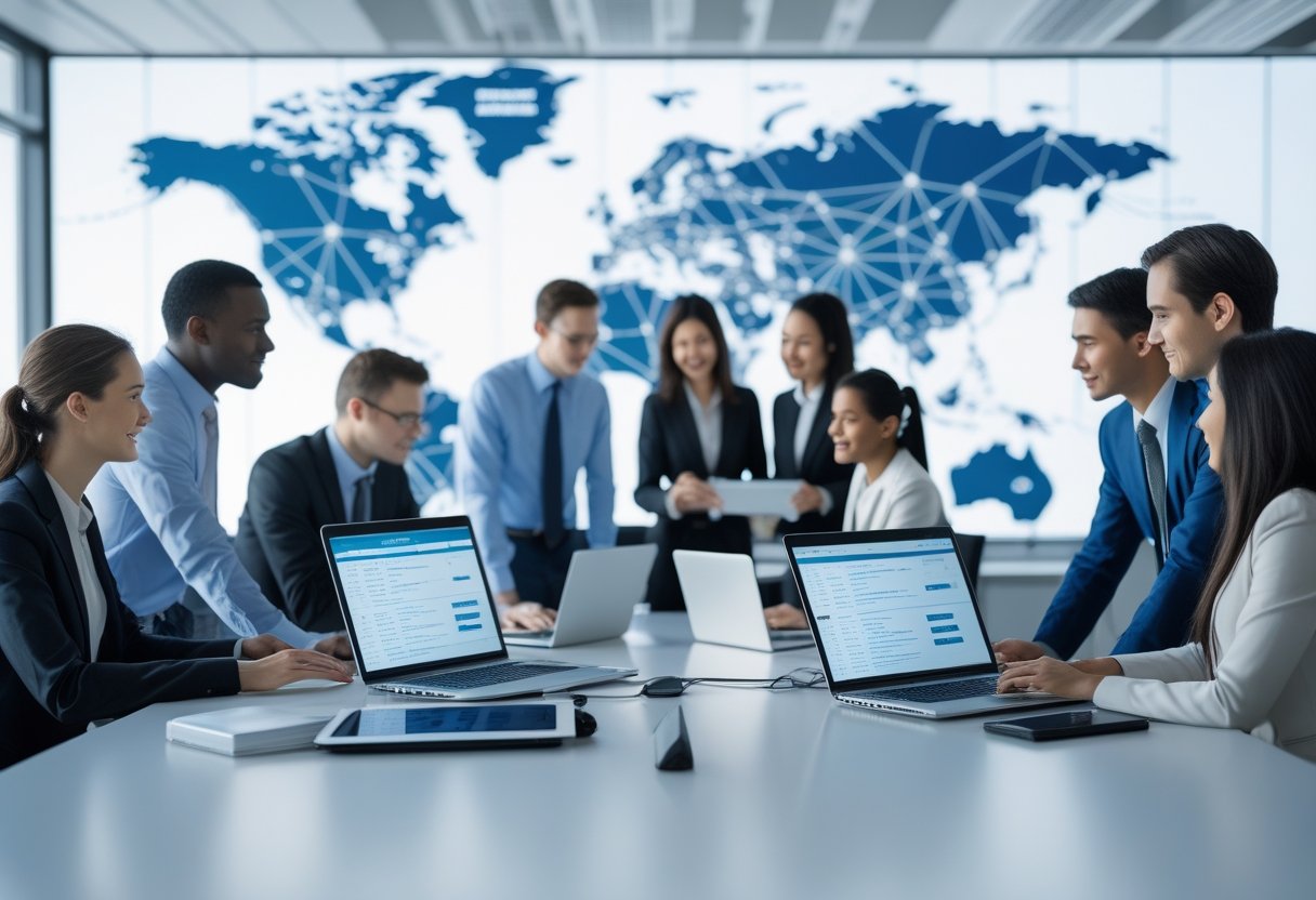 A group of professionals working together around a table with laptops and a digital world map showing global connections in the background.