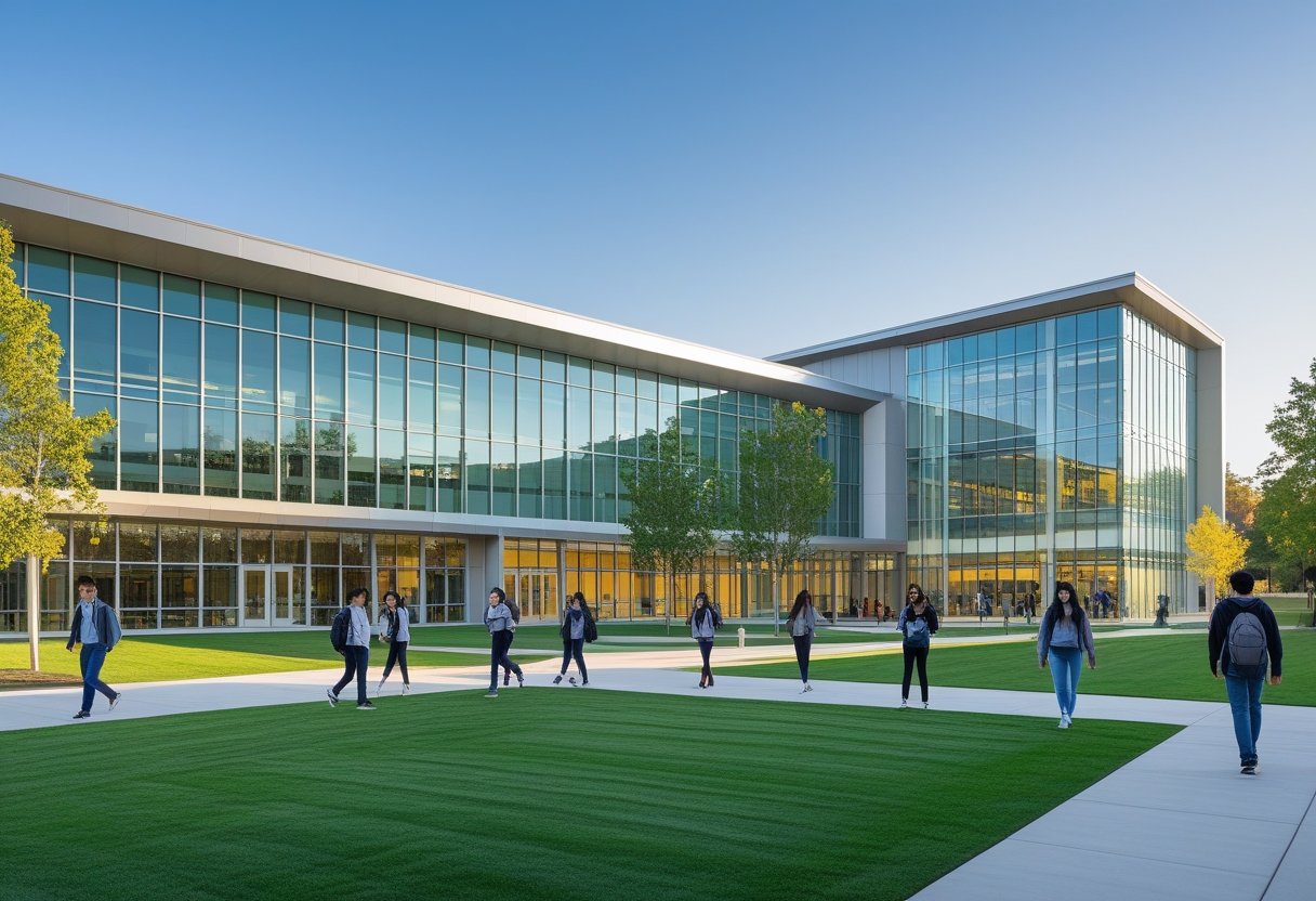 info@iau.circlejbeautyschool.com and info@circlejbeautyschool.com | A modern university building with students walking on the campus lawn under clear blue skies.