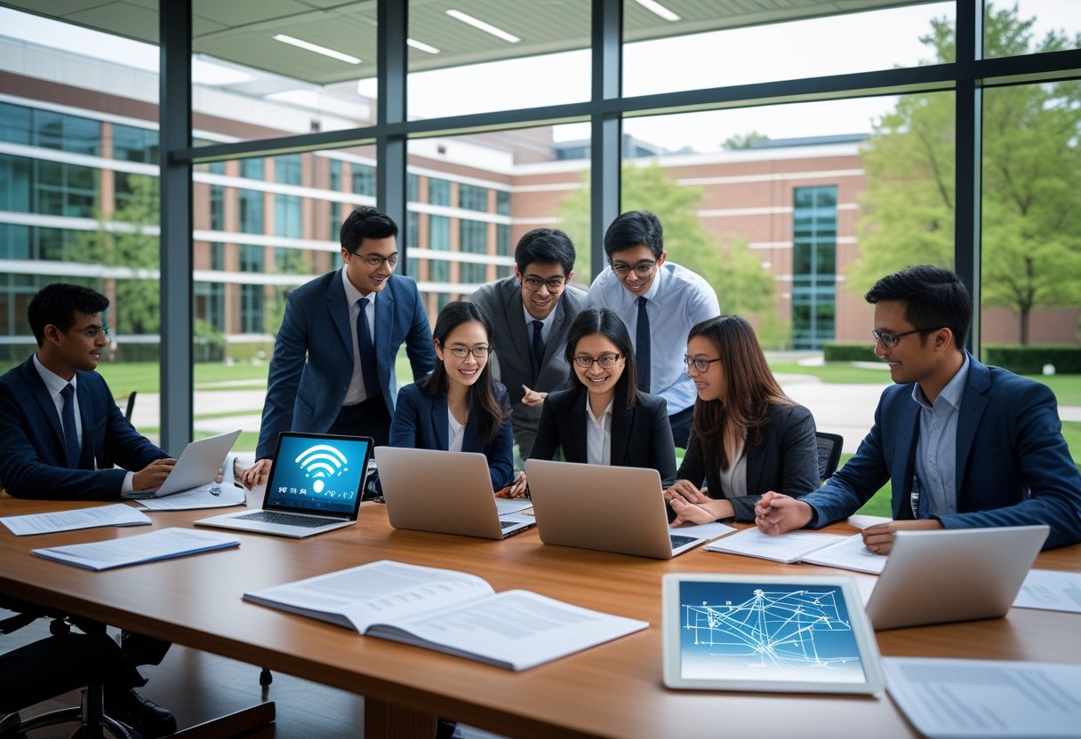 info@iau.circlejbeautyschool.com and info@circlejbeautyschool.com | A group of young professionals collaborating around a table with laptops and tablets in a bright university office with campus buildings visible through a window.