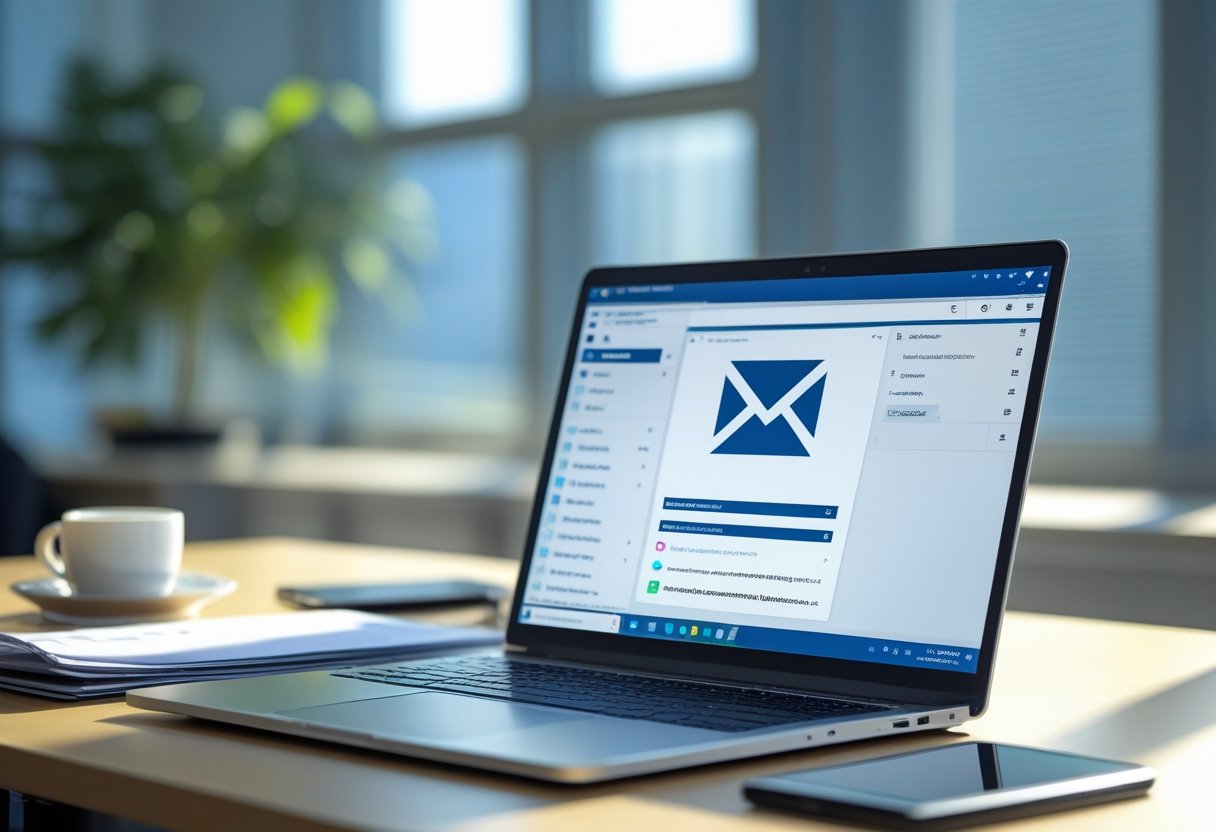 Official Email - A modern office workspace with a laptop showing an email inbox, a smartphone, a cup of coffee, and documents on a desk.