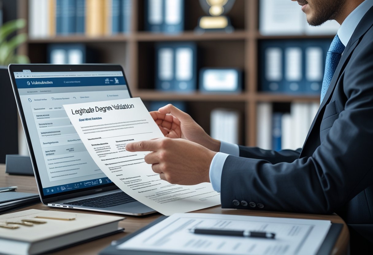 Legitimate Degree Validation | A business professional reviewing an academic certificate while verifying information on a laptop in an office setting.