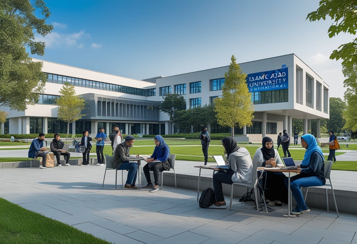 Legitimate Degree Validation | Students studying and discussing outside a modern university building on a sunny day.