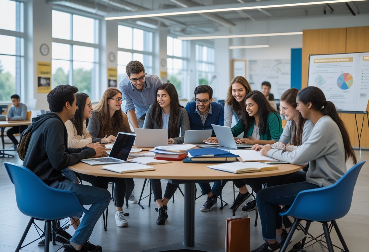 Fast Track Degrees | A group of diverse young adults studying together around a table in a bright university room.
