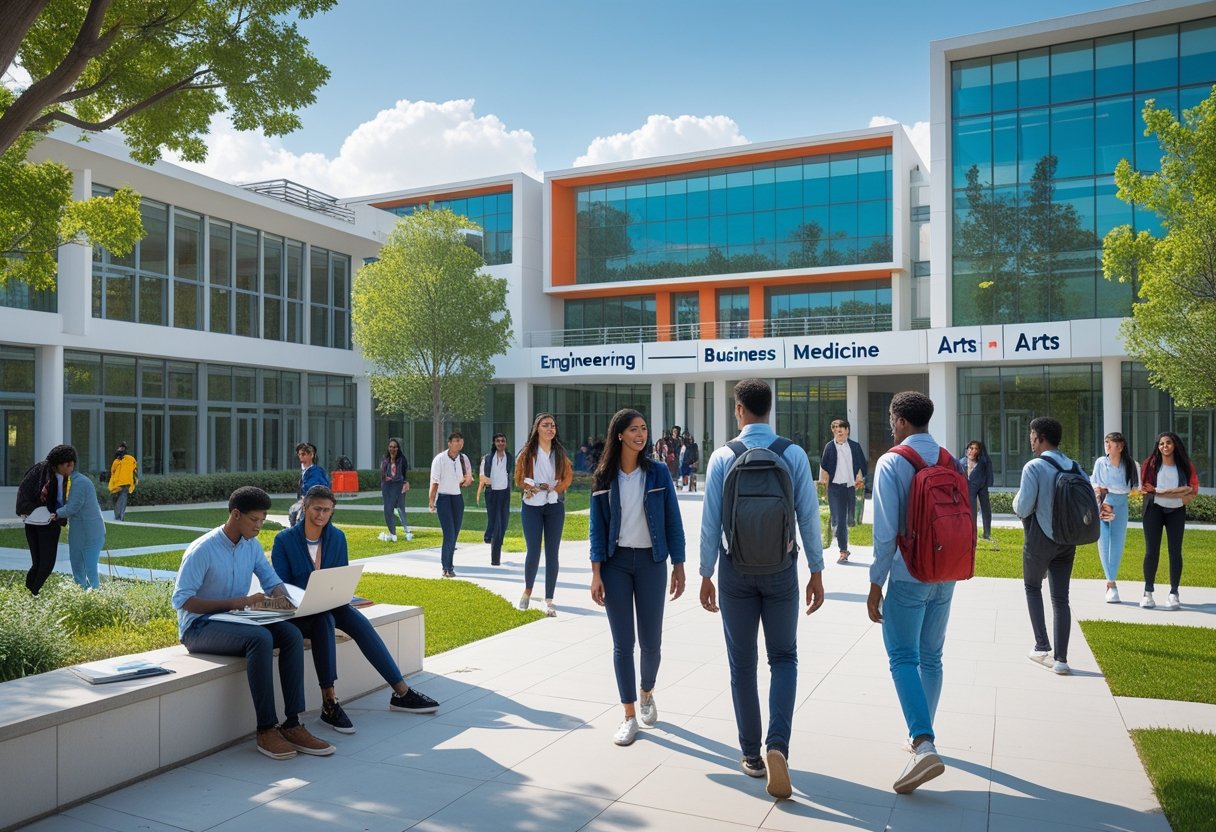 Fast Track Degrees | Students studying and walking on a modern university campus with multiple academic buildings and green spaces.