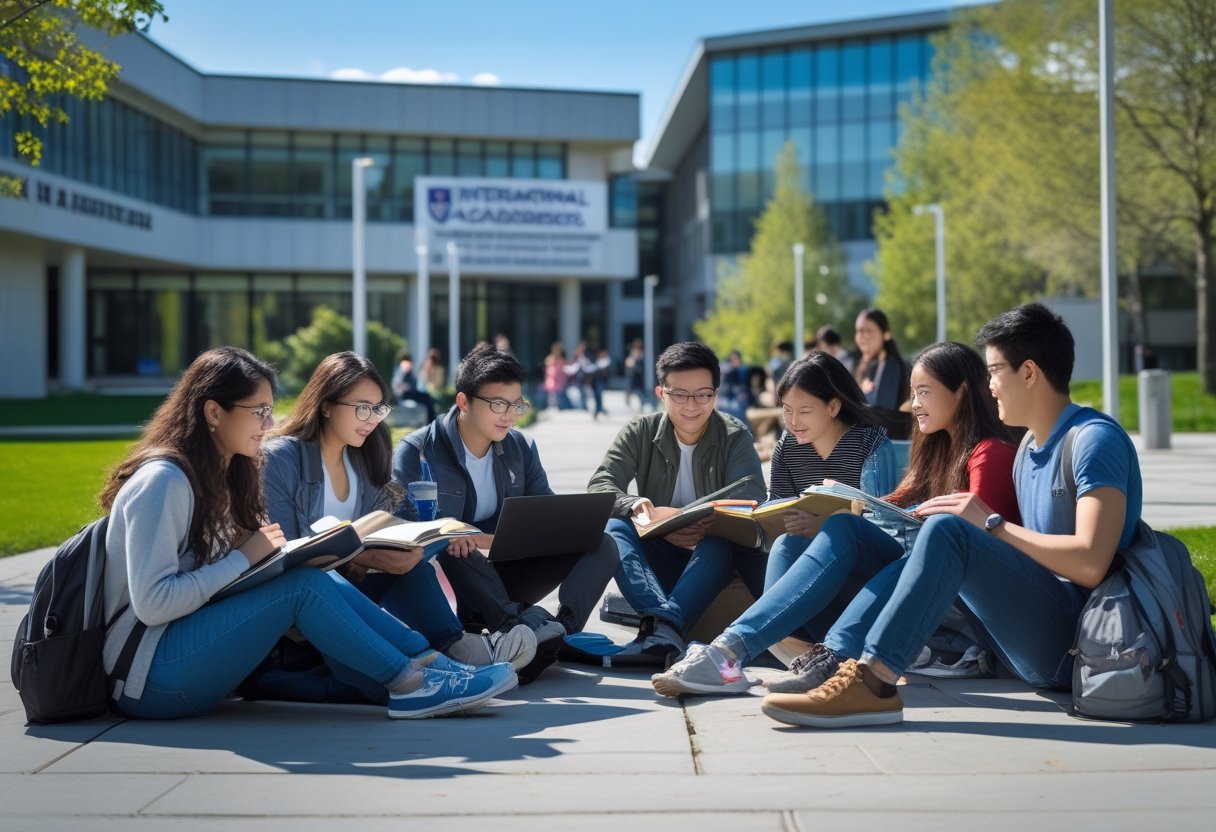 Get a Degree | A group of diverse university students studying and discussing on a modern campus outdoors.