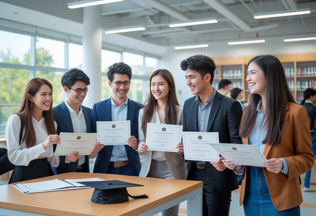 Accredited Degrees | A group of young adults in a university setting holding diploma certificates and smiling, celebrating their academic achievements.