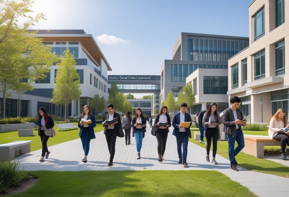 Accredited Degrees | Students studying and walking on a university campus with modern buildings and green outdoor spaces.
