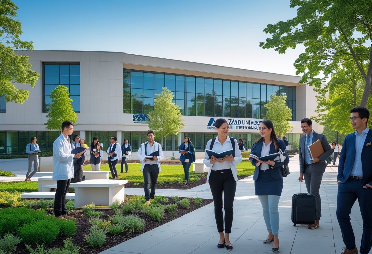 Accredited Degrees | Students and faculty interacting on a university campus with modern buildings and green landscaping.