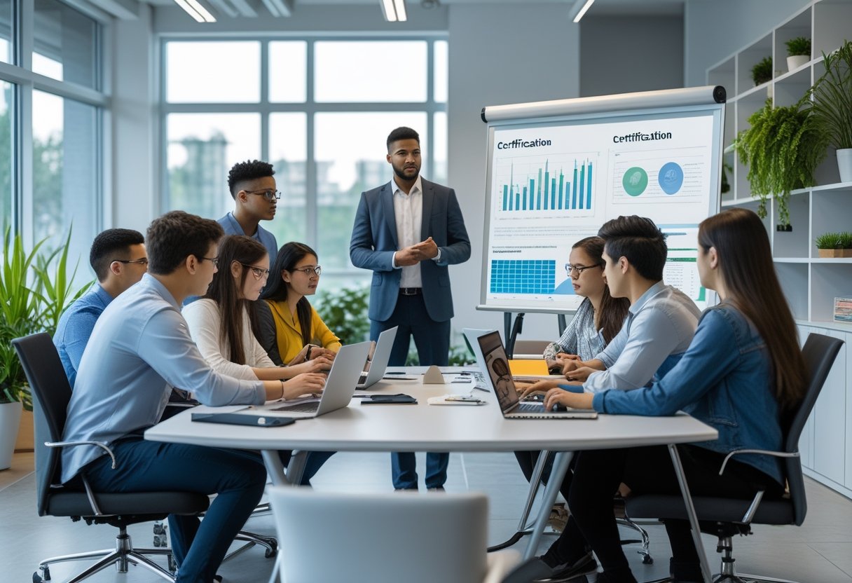 Certification Courses | A group of people in a bright office attending a certification course with an instructor presenting at a digital whiteboard.