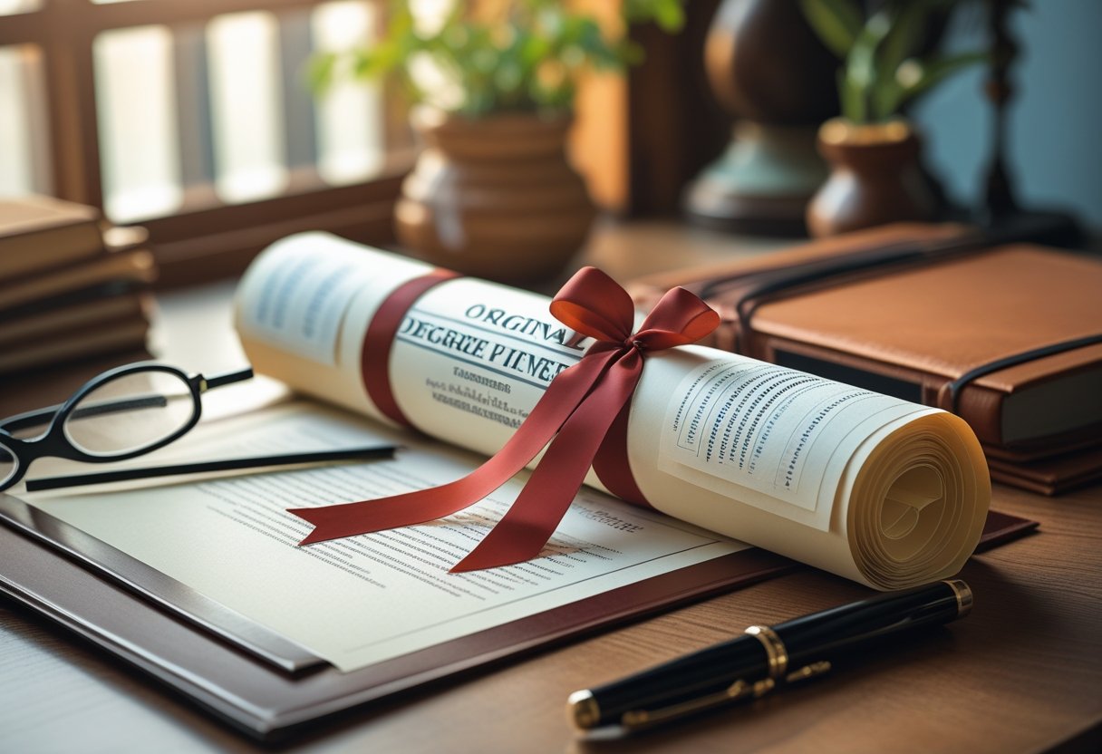 Original Degree | A rolled-up degree certificate tied with a ribbon on a wooden desk surrounded by a pen, glasses, and an open notebook.