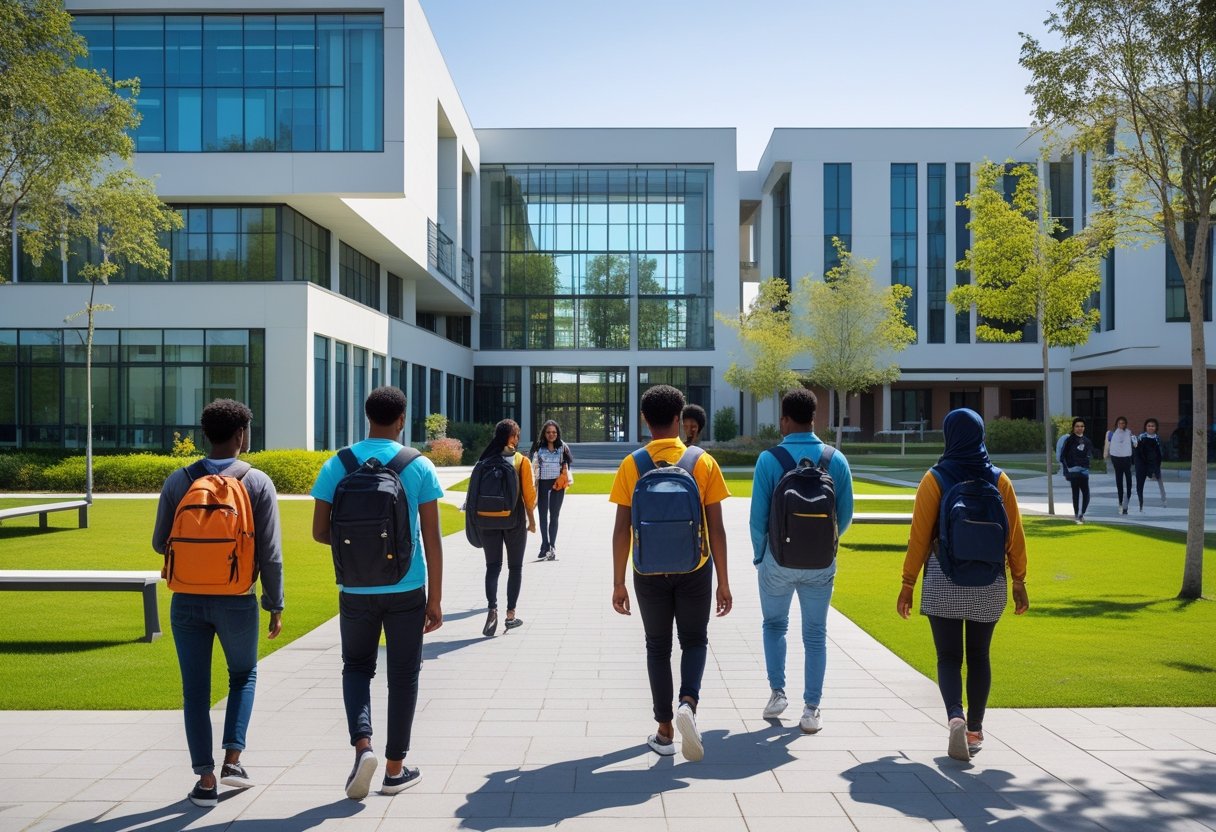Original Degree | Students walking and talking on a university campus with modern buildings and green spaces.