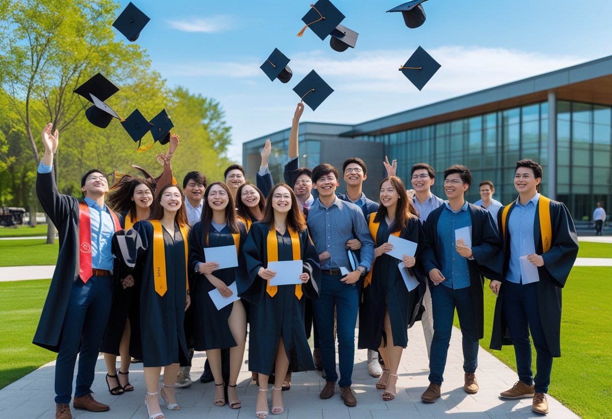 Earn Your Degree | A group of diverse young adults celebrating graduation outdoors on a university campus.