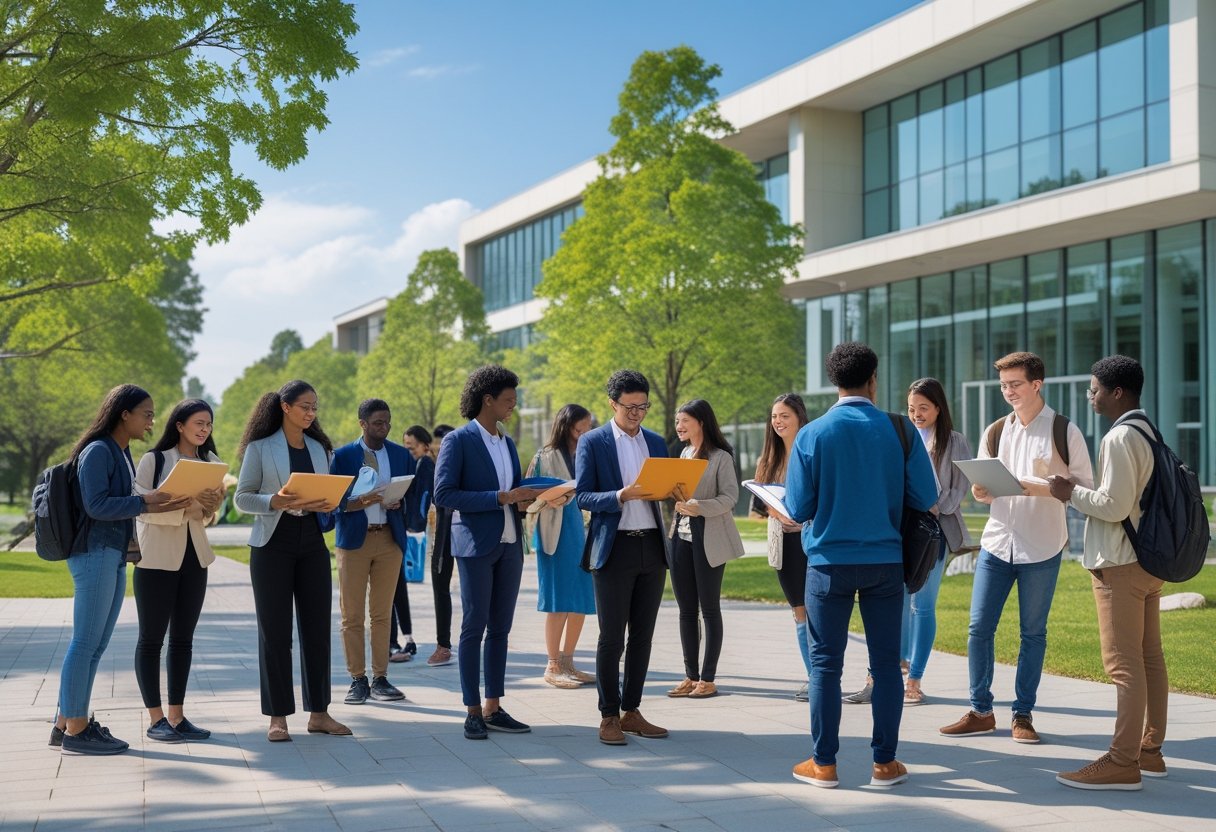 Earn Your Degree | A diverse group of students studying and interacting outside a modern university building on a sunny day.