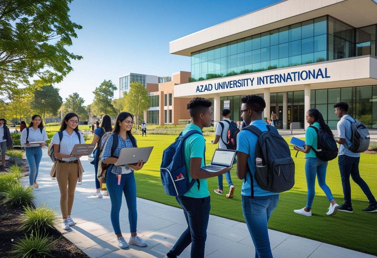 Earn Your Degree | A diverse group of university students studying and walking on a sunny campus near a modern university building.