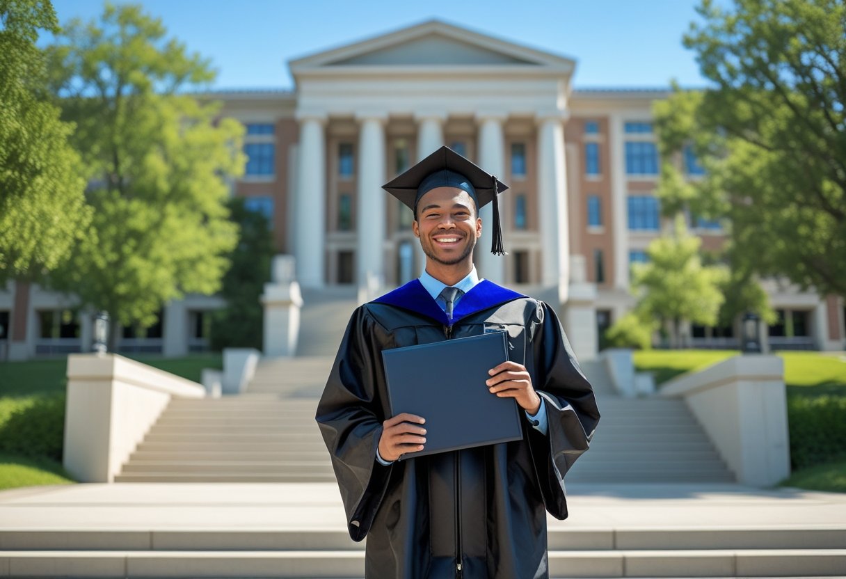 Earning Bachelor Degree | A young adult graduate in cap and gown holding a diploma outside a university building.
