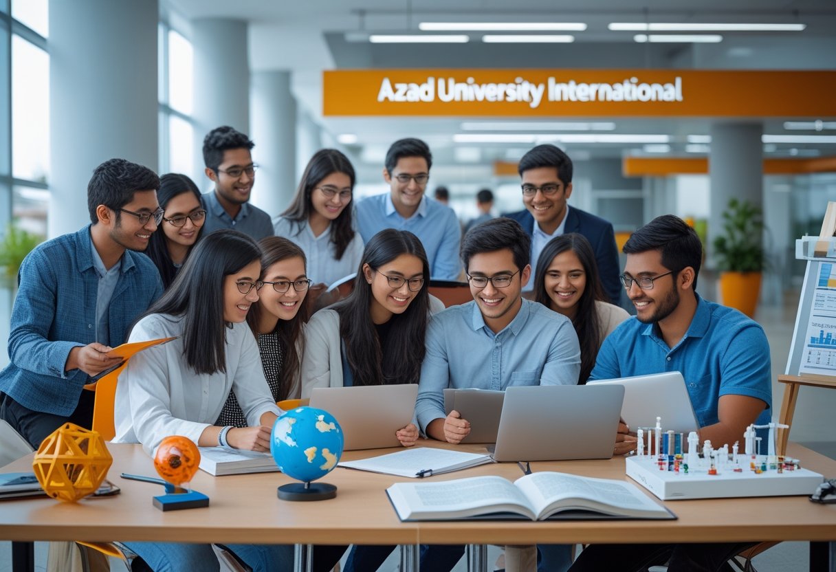 Earning Bachelor Degree | A diverse group of university students studying and collaborating outdoors on a bright campus with modern buildings in the background.