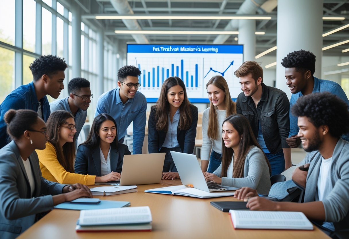 Fast Track master degree | A group of young adults studying together around a table in a bright university setting with laptops and books.