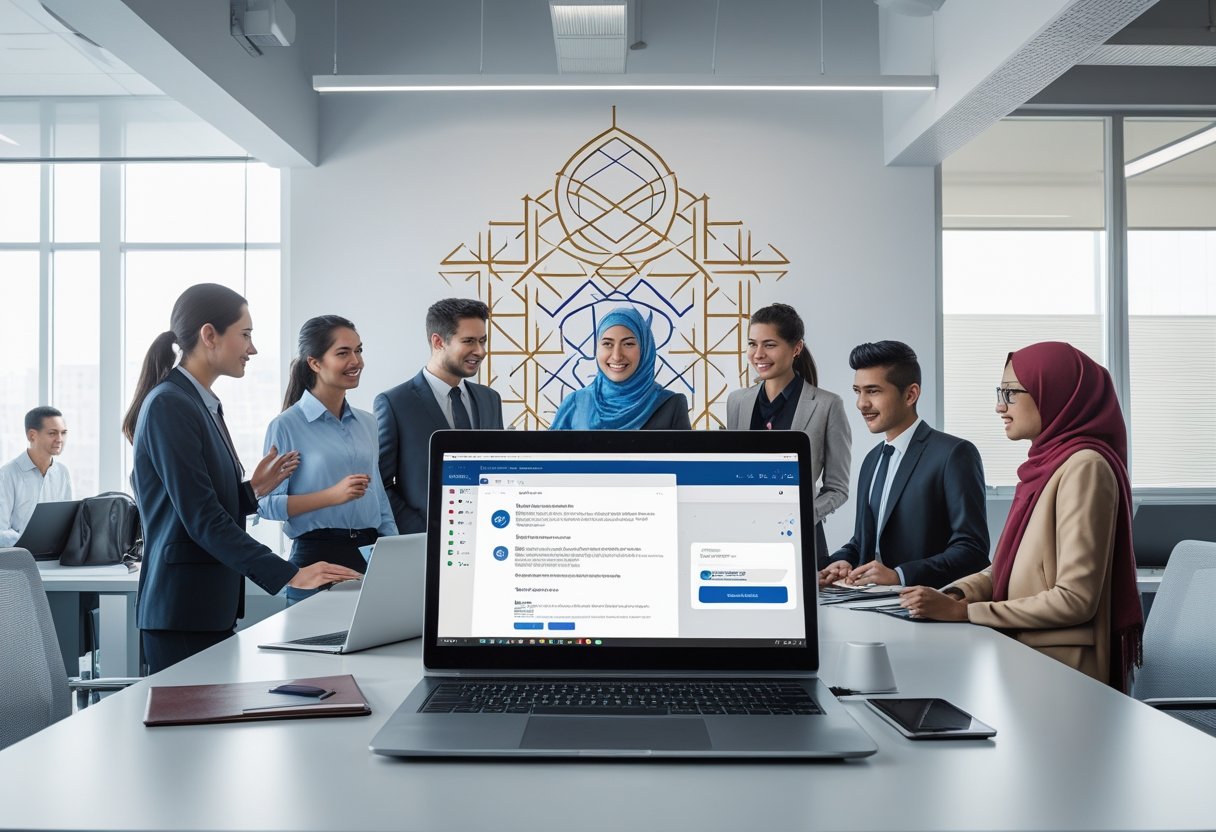 Trusted Email Islamic American National College | University office with students and staff using a laptop displaying an email interface in a bright, modern setting.