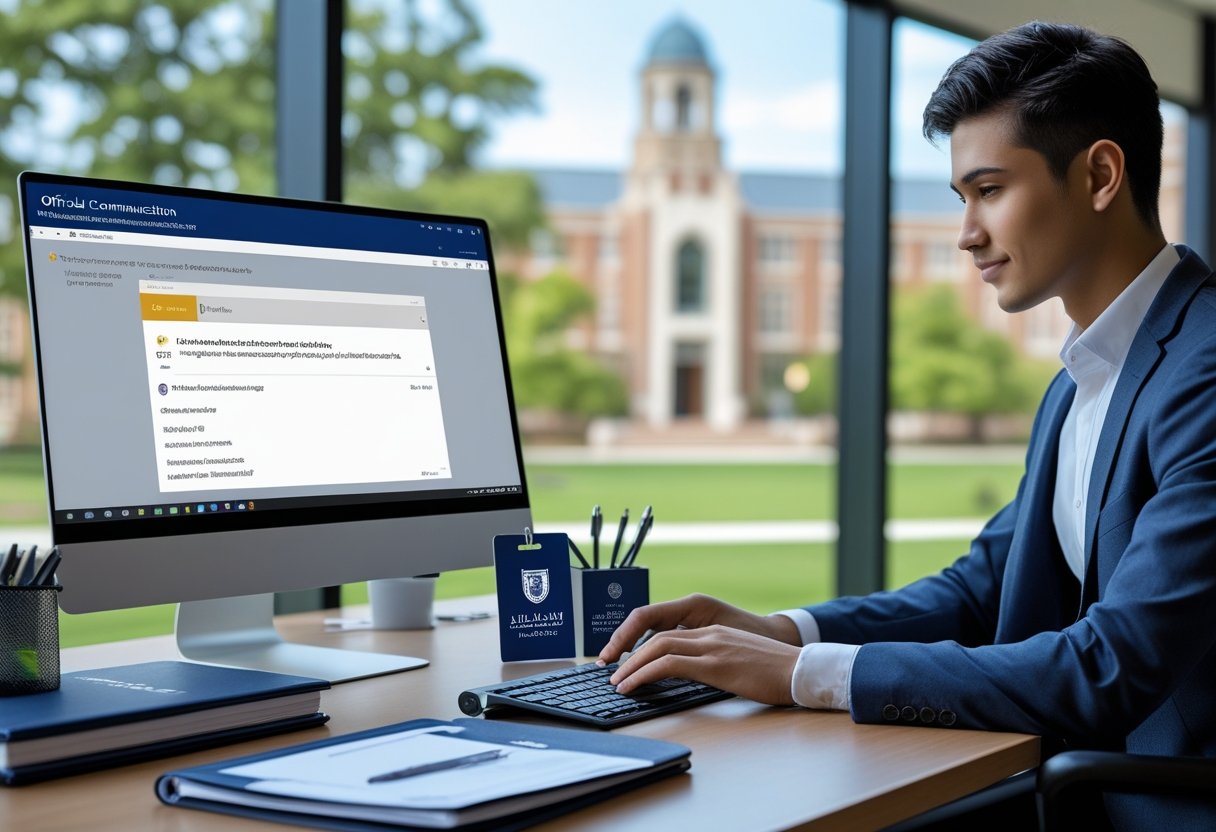 Trusted Email Islamic American National College | A young professional typing on a computer in a university office with university-branded stationery and a campus visible through the window.