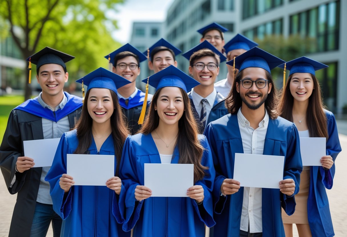 Take a Degree | A group of young adults in graduation caps and gowns holding diplomas outdoors on a sunny day.