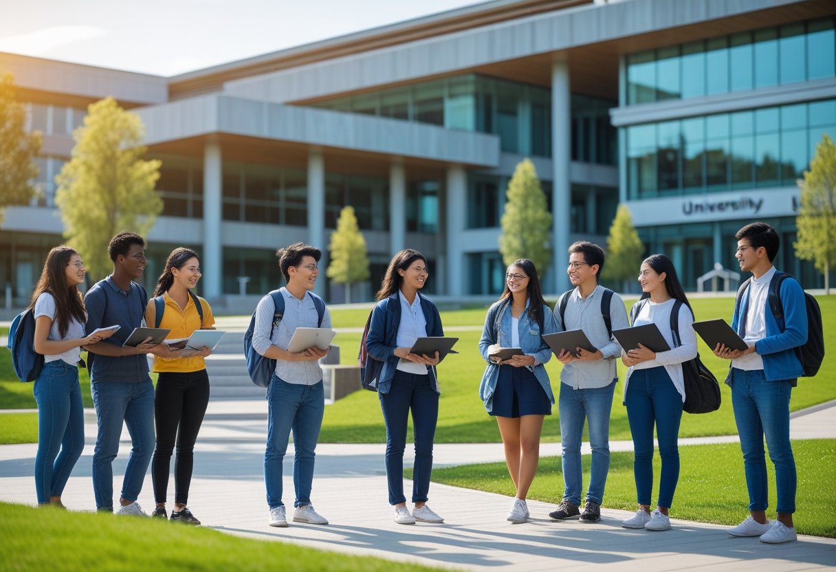 Take a Degree | A group of diverse university students studying and talking together outside a modern campus building.