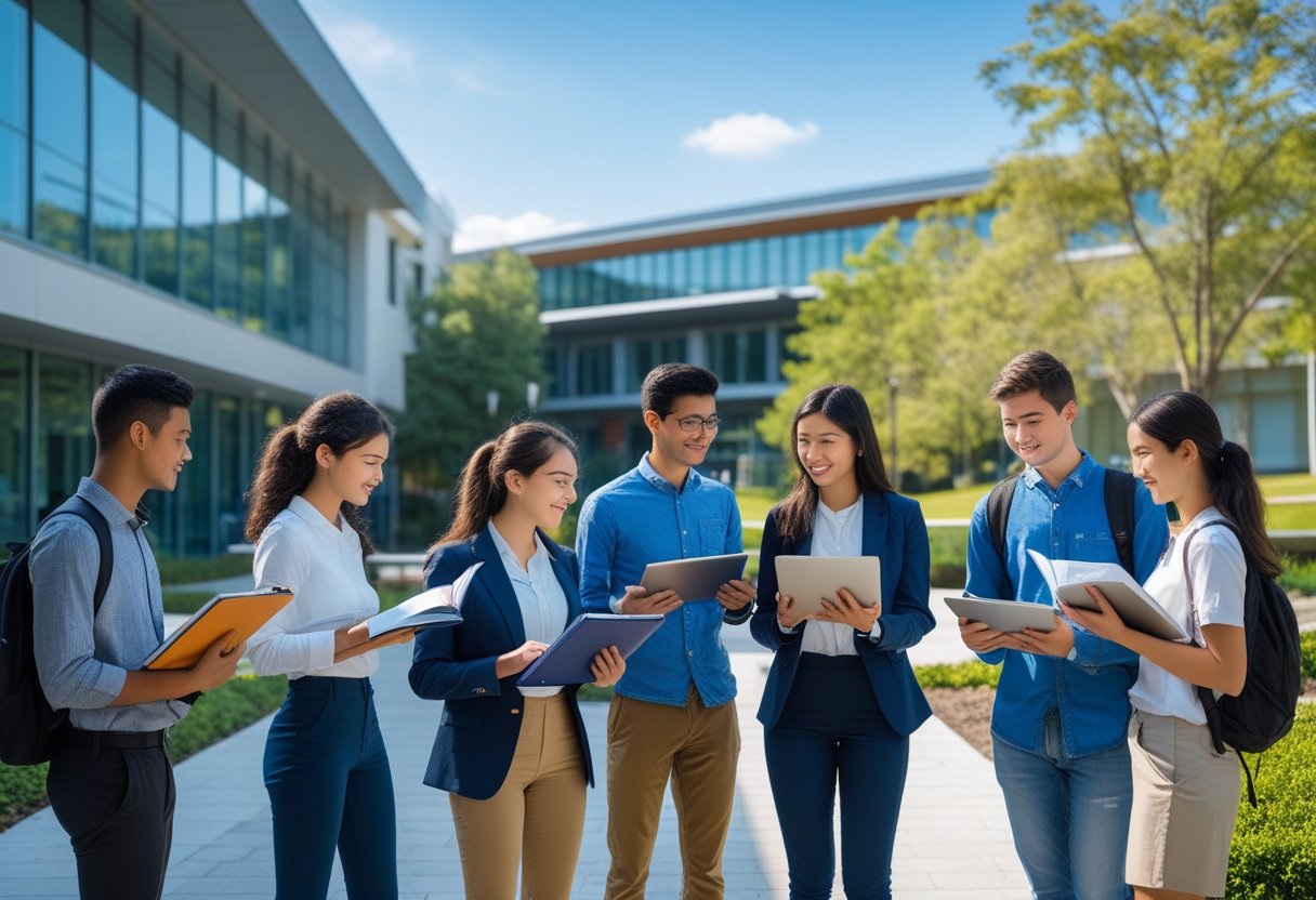 Take a Degree | Students studying and discussing outside a modern university building on a sunny day.