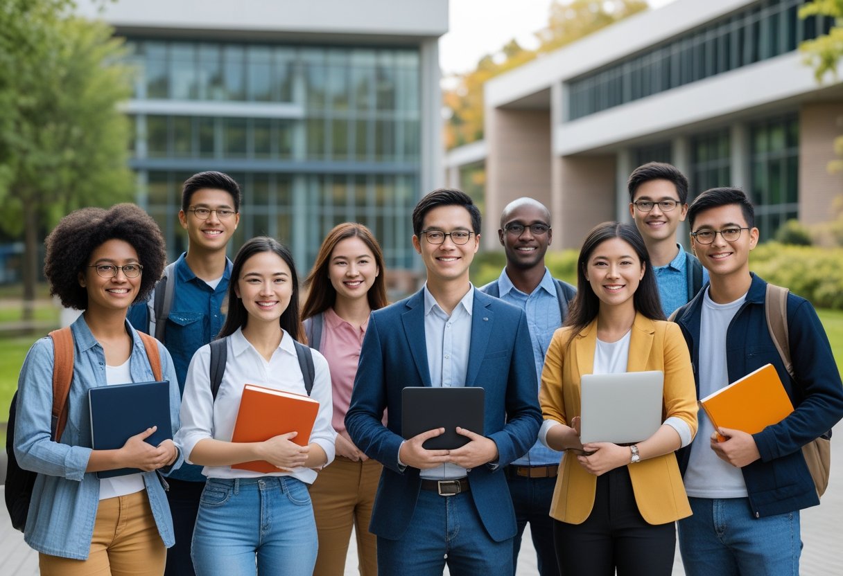 Accredited Bachelor's Degree | A group of diverse university students and a professor standing outside a modern university building, holding books and laptops.