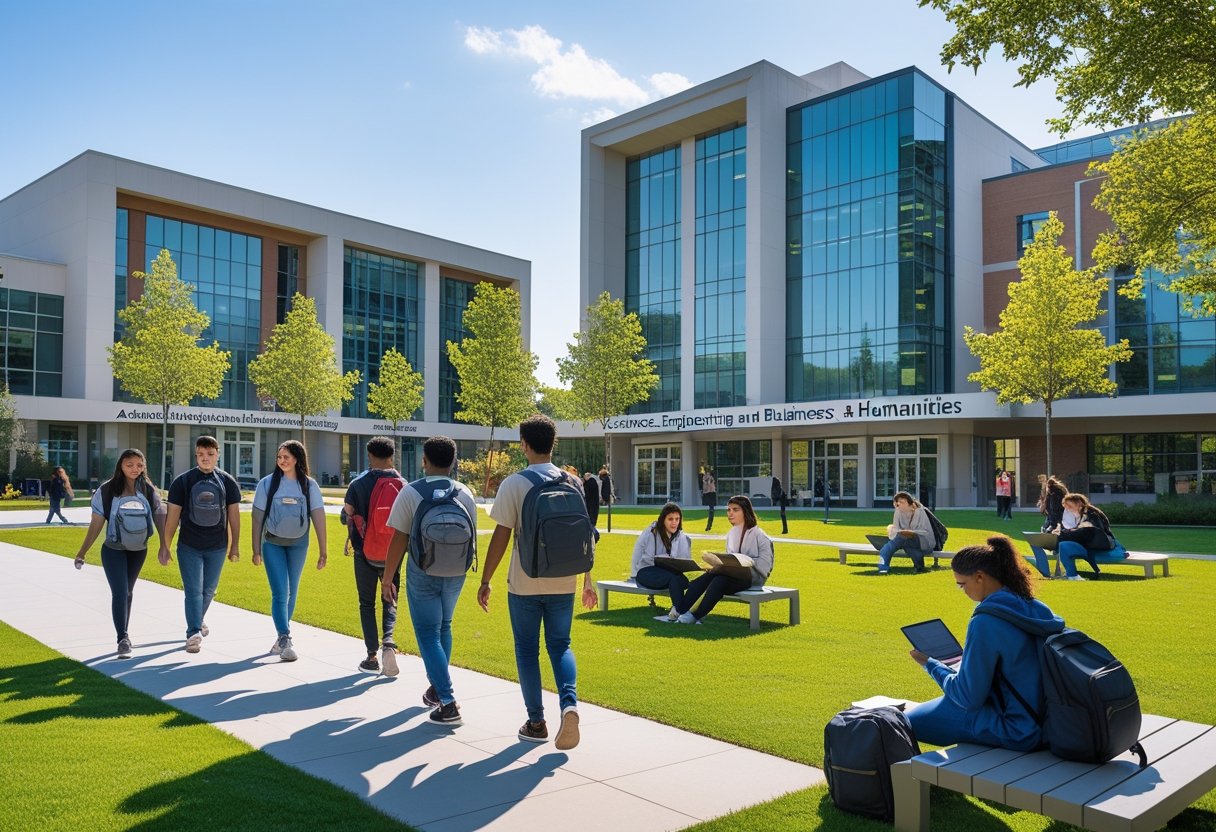 Accredited Bachelor's Degree | Students studying and walking on a university campus with modern buildings in the background.