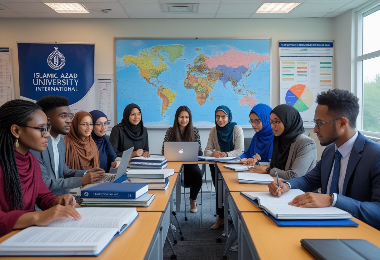 Education Degrees | A group of university students and a professor studying together in a bright classroom with educational materials and a world map on the wall.