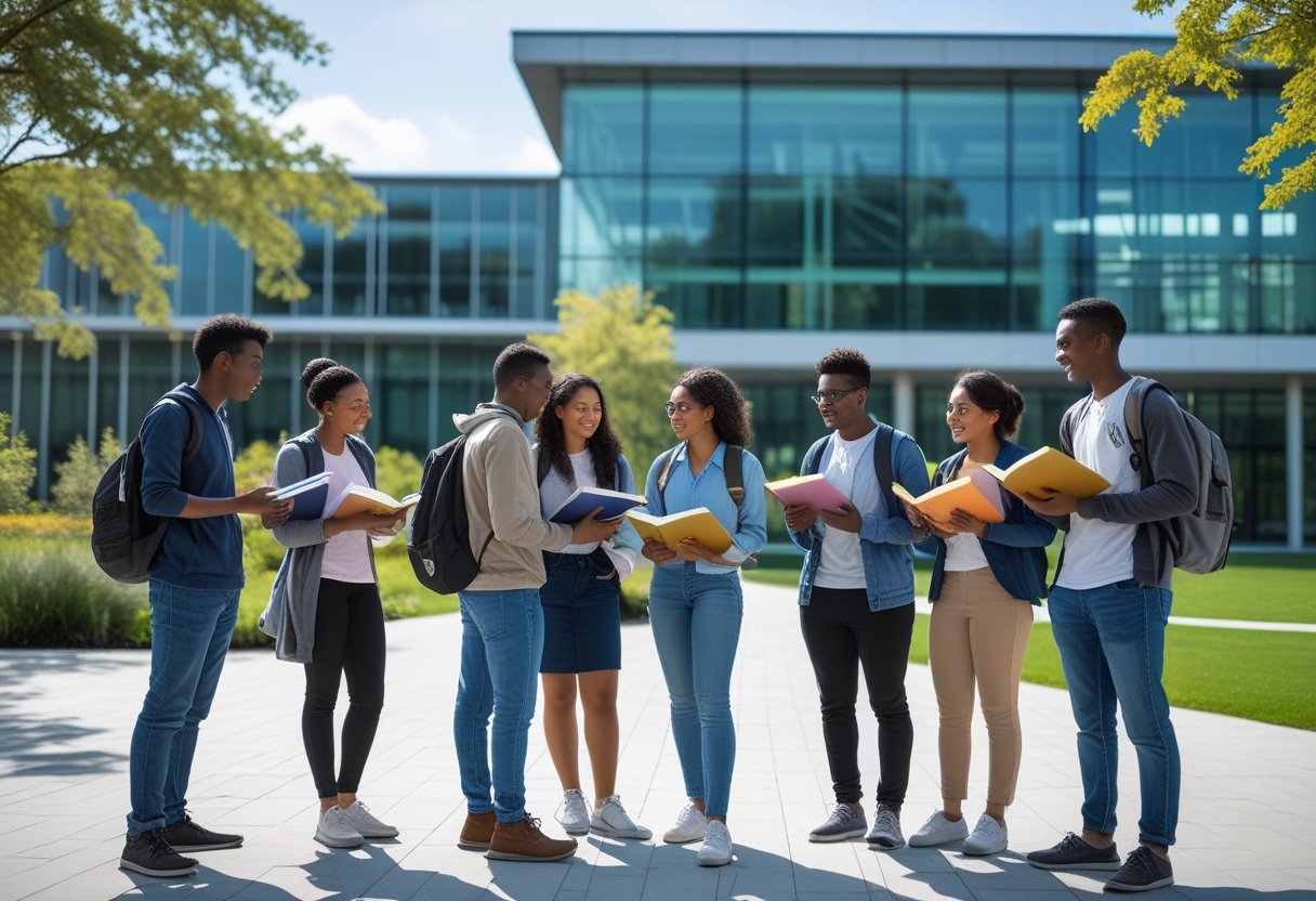 Education Degrees | Diverse students studying and discussing together outside a modern university building on a sunny day.