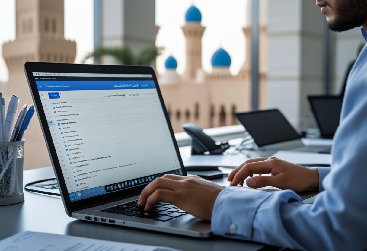 Islamic American National College Official Email Addresses | A person typing on a laptop in a modern university office with Middle Eastern architectural details in the background.