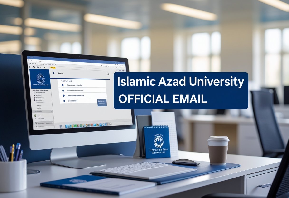 Islamic American National College Official Email Addresses | A modern university office desk with a computer showing an email inbox, university-branded stationery, and a blurred campus background.